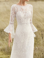 Beach Wedding Dresses Chapel Train A-Line Long Sleeve Jewel Neck Satin With