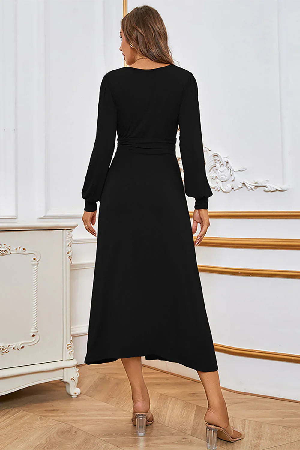 Elegant Black A Line V Neck Long Sleeve Evening Dress With Slit For Holiday Party Women