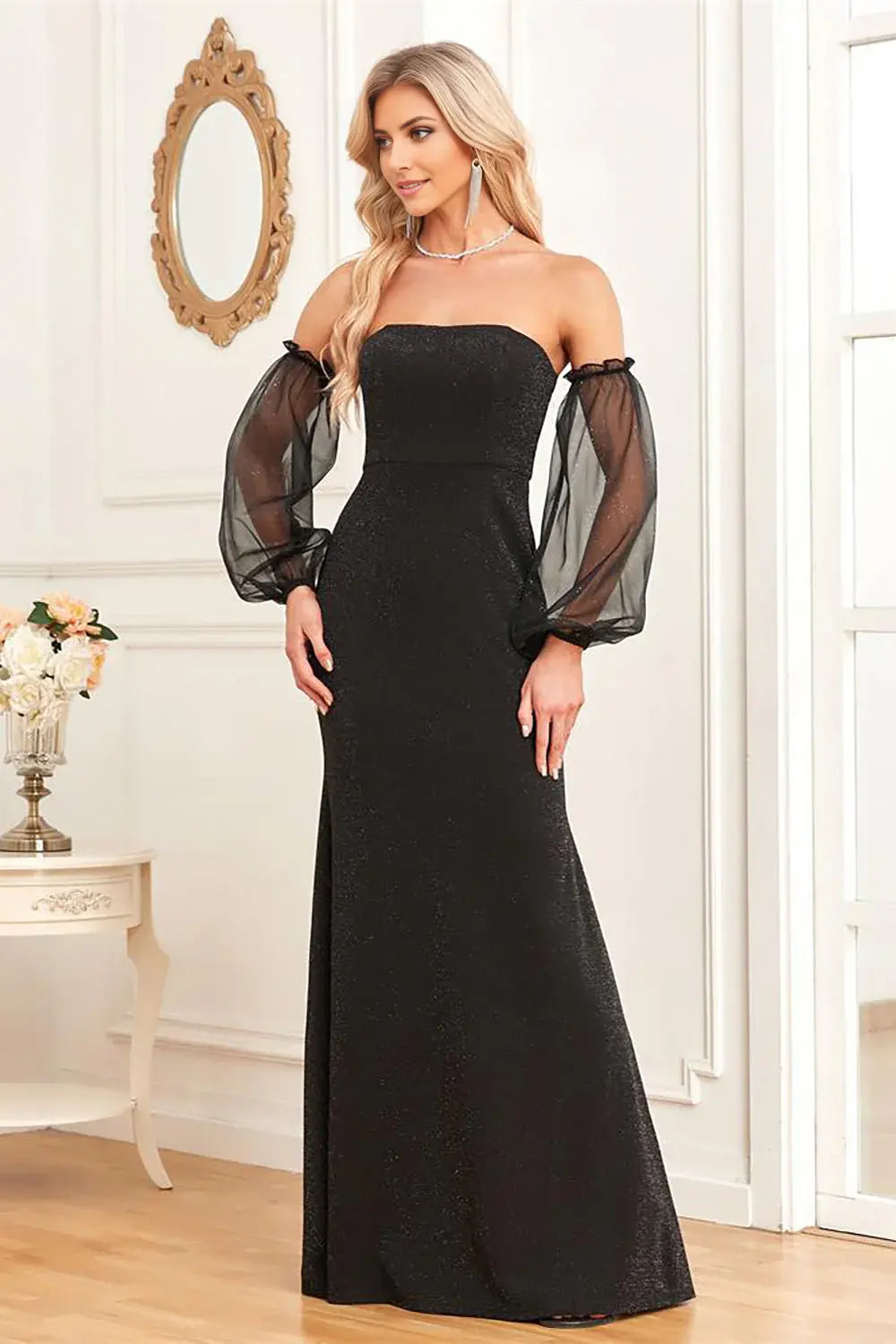 Black Mermaid Strapless Backless Evening Dress With Detachable Mesh Sleeves For Elegant Partywear
