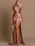 Mermaid Trumpet Evening Gown Satin Pink Halter Neck With High Split For Elegant Bridesmaids