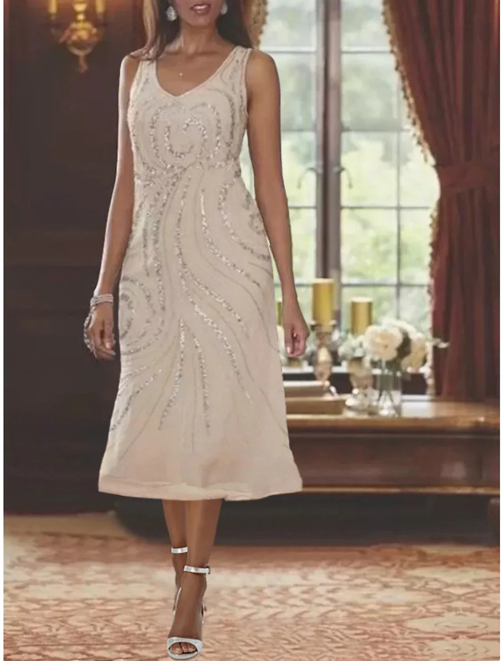 Mother Of The Bride Two Piece Elegant Dress Tea Length Chiffon Sequin Beaded Jacket Set For Fall Wedding