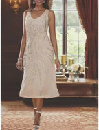 Mother Of The Bride Two Piece Elegant Dress Tea Length Chiffon Sequin Beaded Jacket Set For Fall Wedding