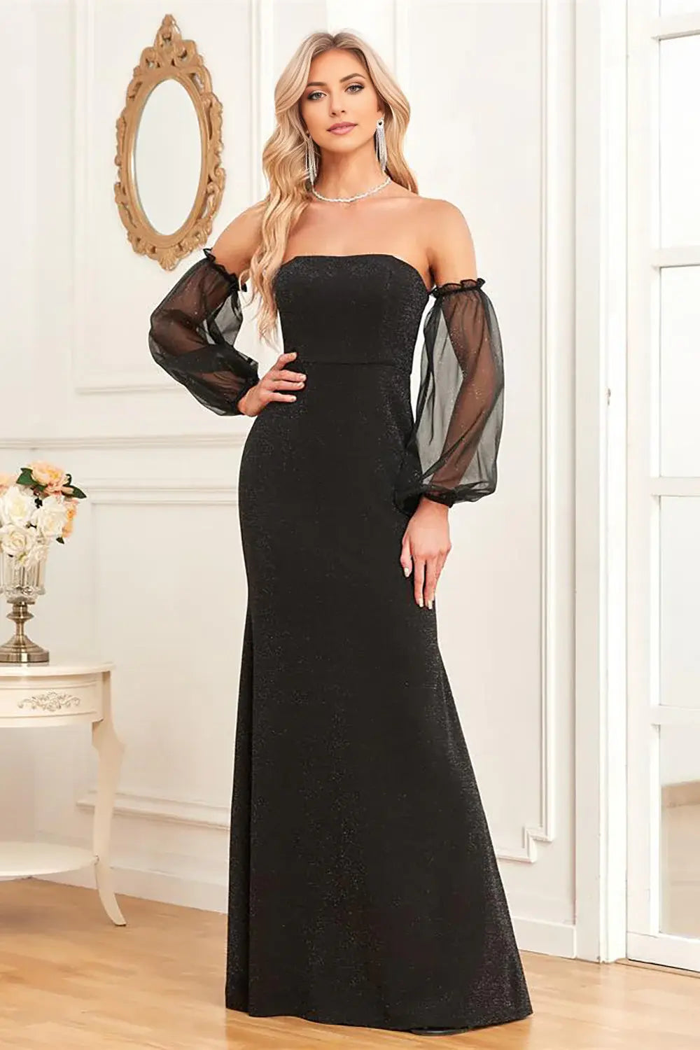 Black Mermaid Strapless Backless Evening Dress With Detachable Mesh Sleeves For Elegant Partywear