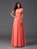 Bridesmaid Dresses Chiffon A Line Long Sleeveless Scoop Ruffle Elegant Style For Weddings