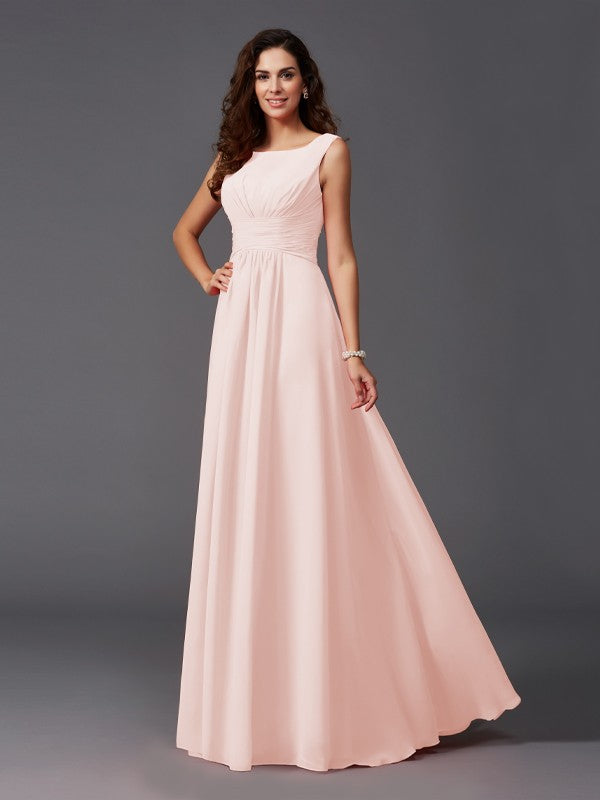Bridesmaid Dresses Chiffon A Line Long Sleeveless Scoop Ruffle Elegant Style For Weddings