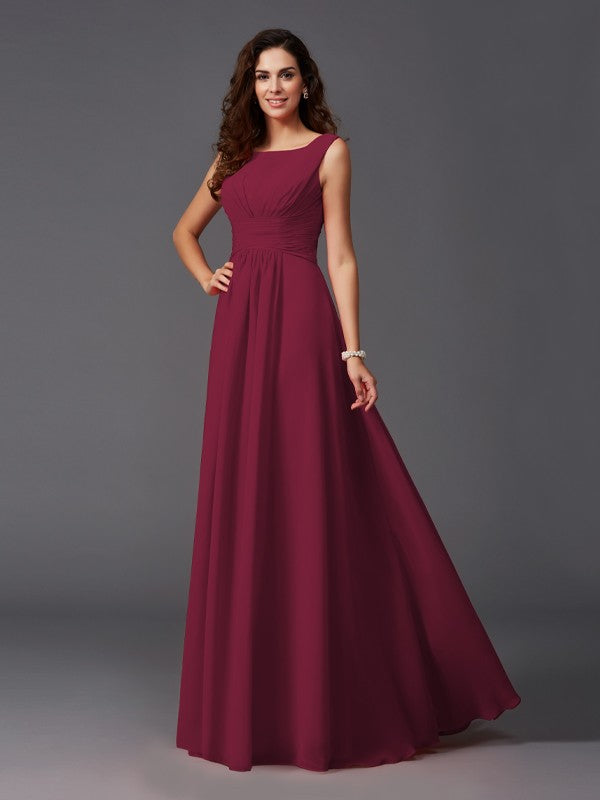 Bridesmaid Dresses Chiffon A Line Long Sleeveless Scoop Ruffle Elegant Style For Weddings
