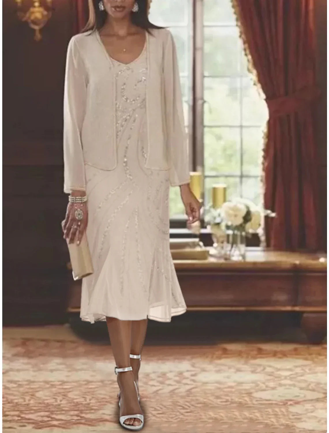 Mother Of The Bride Dress Two Piece Mermaid Trumpet Tea Length Chiffon Luxurious Beaded Sequin V Neck Sleeveless Wrap