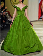 Ball Gown Evening Dress Red Carpet Prom Dress For Women Off Shoulder Taffeta Bow Ruched Sweep Train