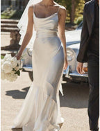 Charmeuse Engagement Casual Wedding Dress Sheath Gown For A Bride To Be Sleeveless Floor Length Pleats