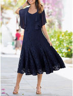 Two Piece Mermaid Mother Of The Bride Dress With Lace Chiffon Tea Length Elegant Wrap Included