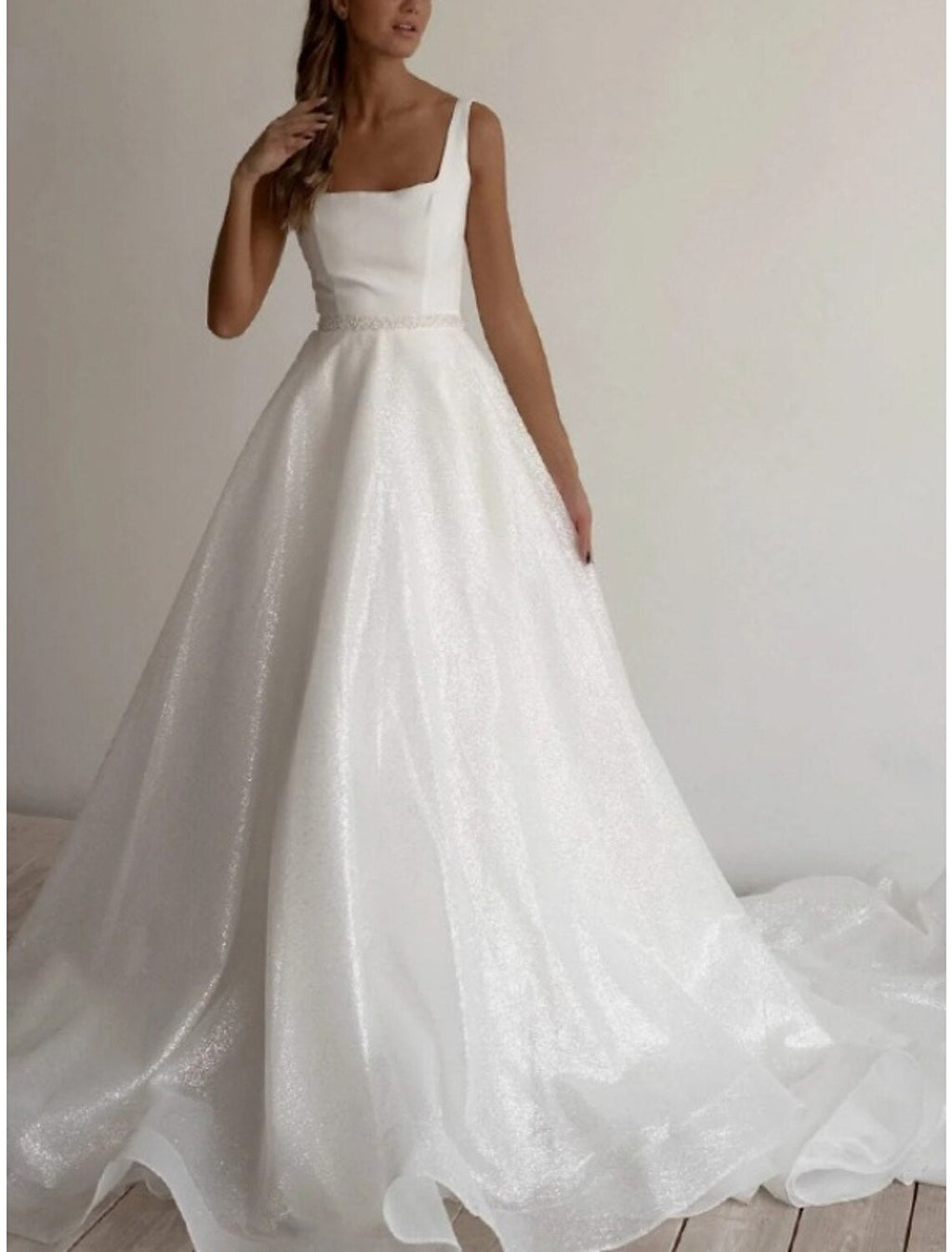 Glitter Wedding Dress Ball Gown For Modern Brides With Square Neck Sleeveless Beaded Tulle Court Train Showstopping