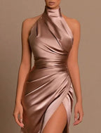 Mermaid Trumpet Evening Gown Satin Pink Halter Neck With High Split For Elegant Bridesmaids
