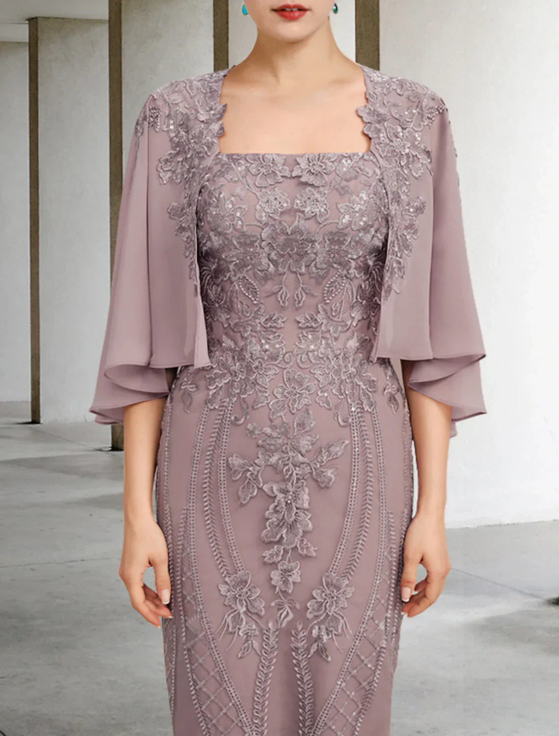Mother Of The Bride Dress Vintage Elegant Sheath Chiffon Lace Knee Length Square Neck Sleeveless With Appliques