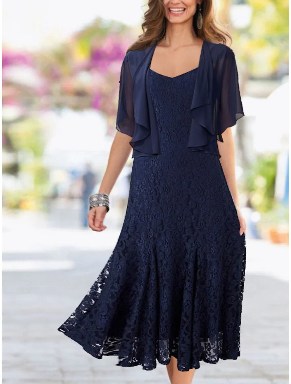 Two Piece Mermaid Mother Of The Bride Dress With Lace Chiffon Tea Length Elegant Wrap Included