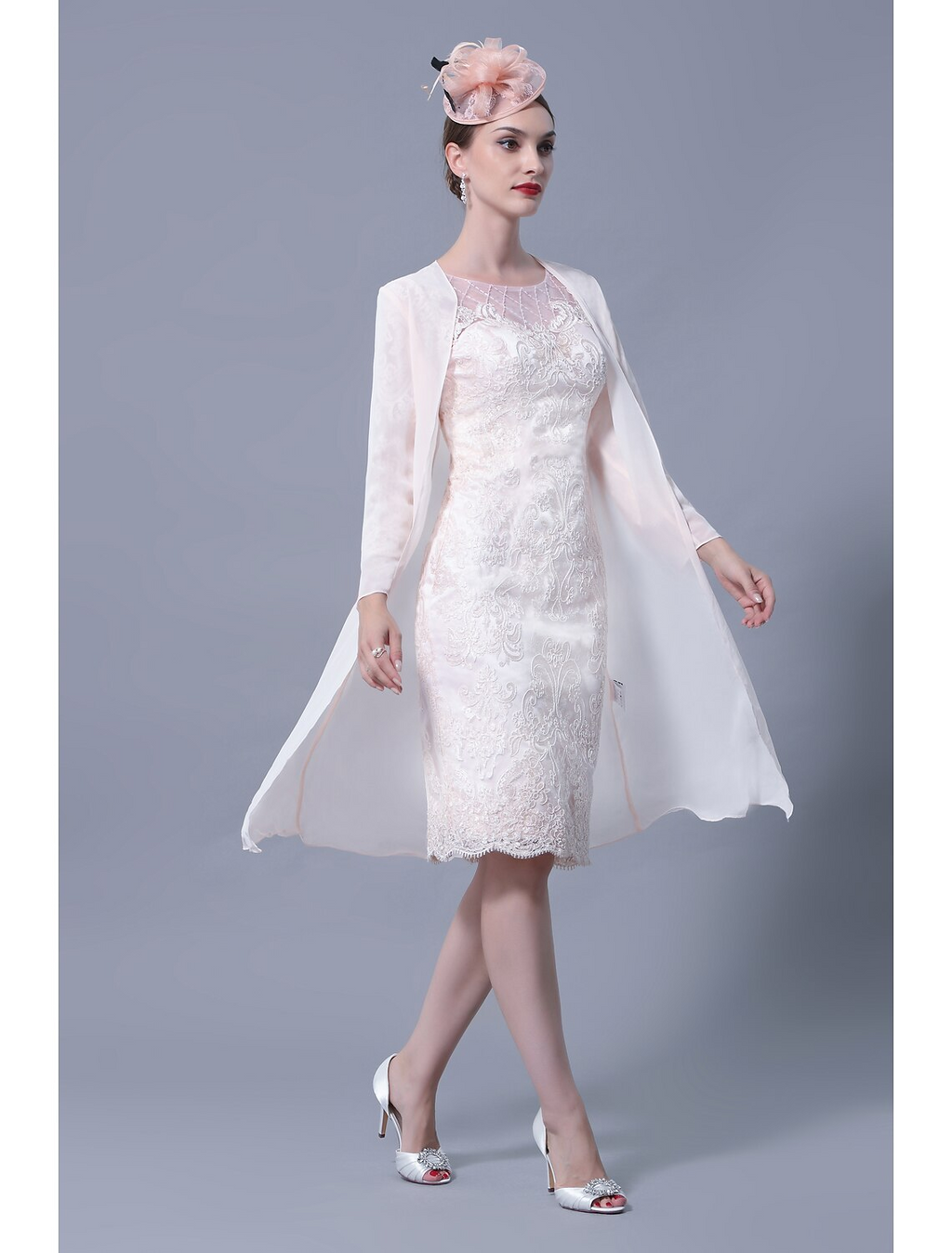 Two Piece Mother of the Bride Dress Church Elegant Jewel Neck Knee Length Lace Sleeve with Embroidery