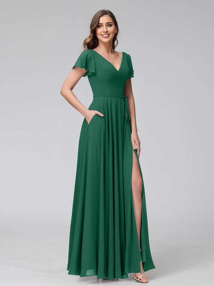 Satin Short-Sleeve V-Neck Ruched Bodice High-Slit A-Line Floor-Length Burgundy Romantic Bridesmaid Dress