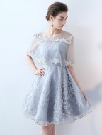 A-Line Elegant Party Wear Cocktail Party Dress Jewel Neck Half Sleeve Short Mini Tulle with Lace Insert Pattern Print