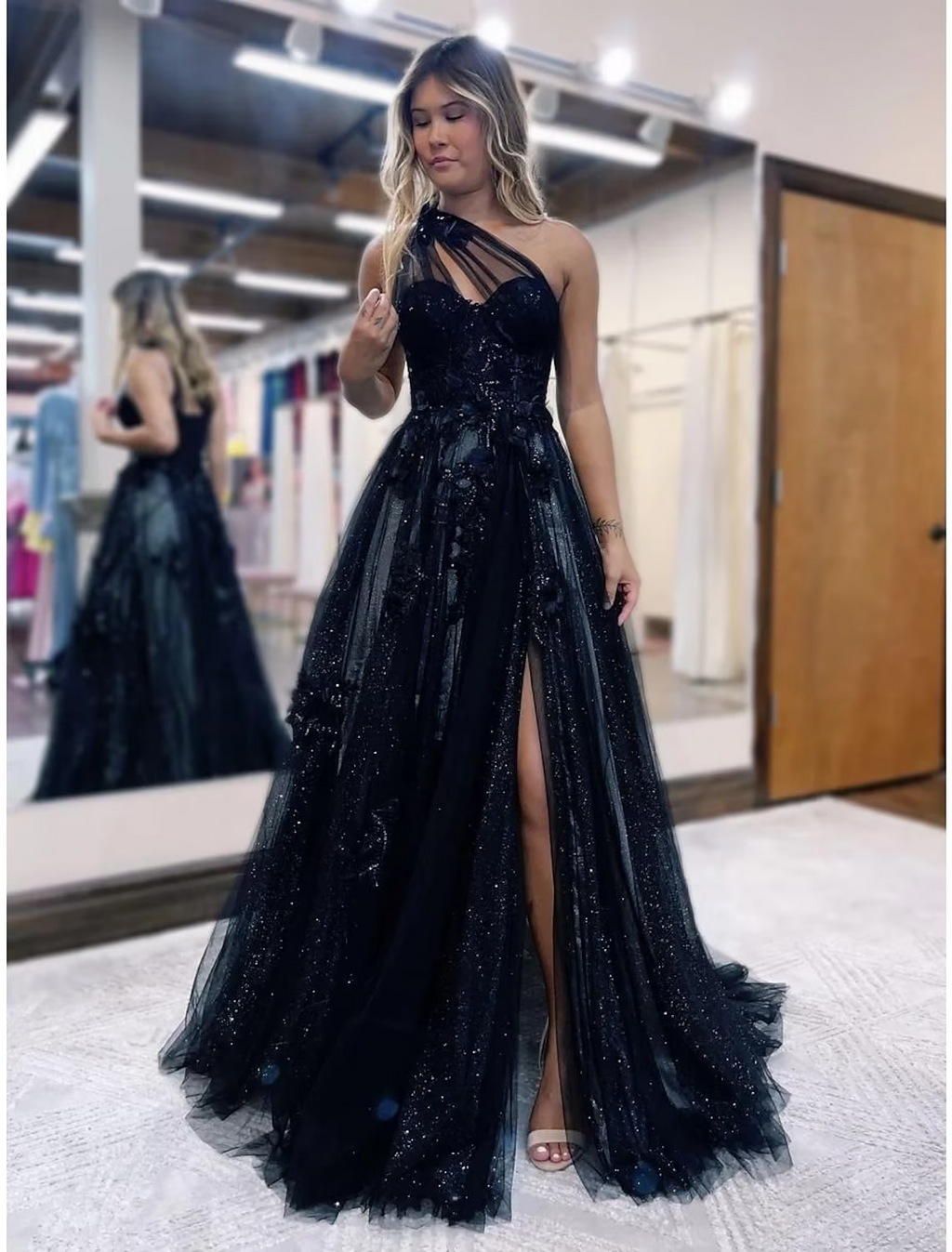 A-Line Prom Dresses Dress Formal Sleeveless One Shoulder Tulle Backless with Pleats Appliques