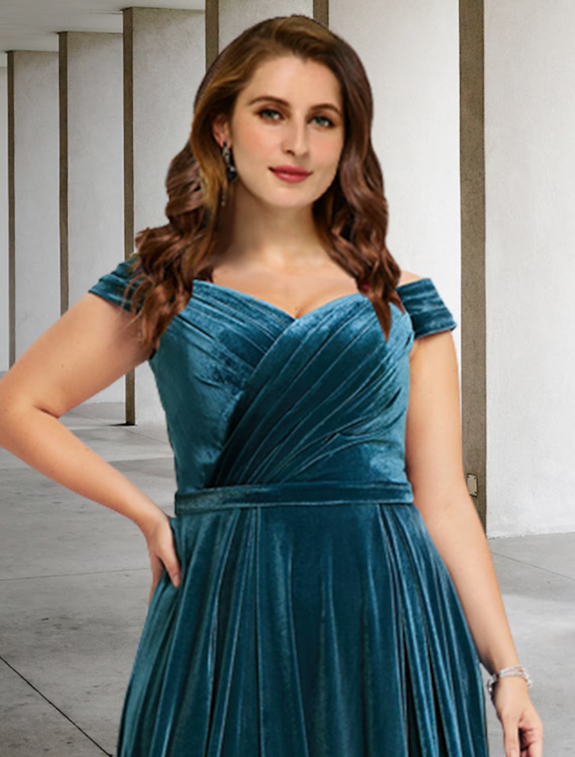 A-Line Plus Size Curve Mother of the Bride Dresses Vintage Dress Formal Floor Length Short Sleeve Off Shoulder Velvet with Pleats Slit