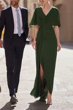 Elegant A-Line V-Neck Short Sleeveless Back Zip Side Slit Mother Of The Bride Dresses