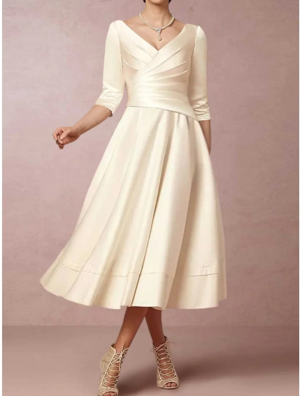 Mother Of The Bride Satin A Line Dress With V Neck Tea Length Half Sleeve Pleats Ruched Elegant