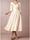 Mother Of The Bride Satin A Line Dress With V Neck Tea Length Half Sleeve Pleats Ruched Elegant