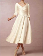 Mother Of The Bride Satin A Line Dress With V Neck Tea Length Half Sleeve Pleats Ruched Elegant