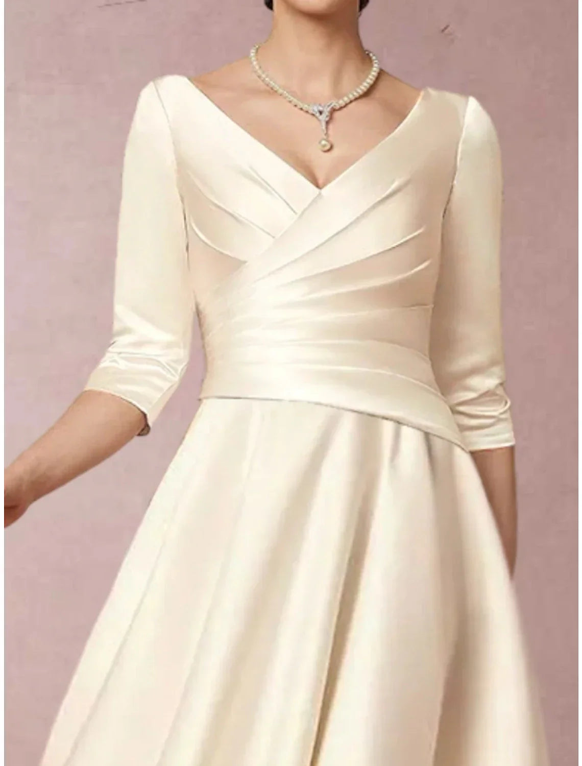 Mother Of The Bride Satin A Line Dress With V Neck Tea Length Half Sleeve Pleats Ruched Elegant