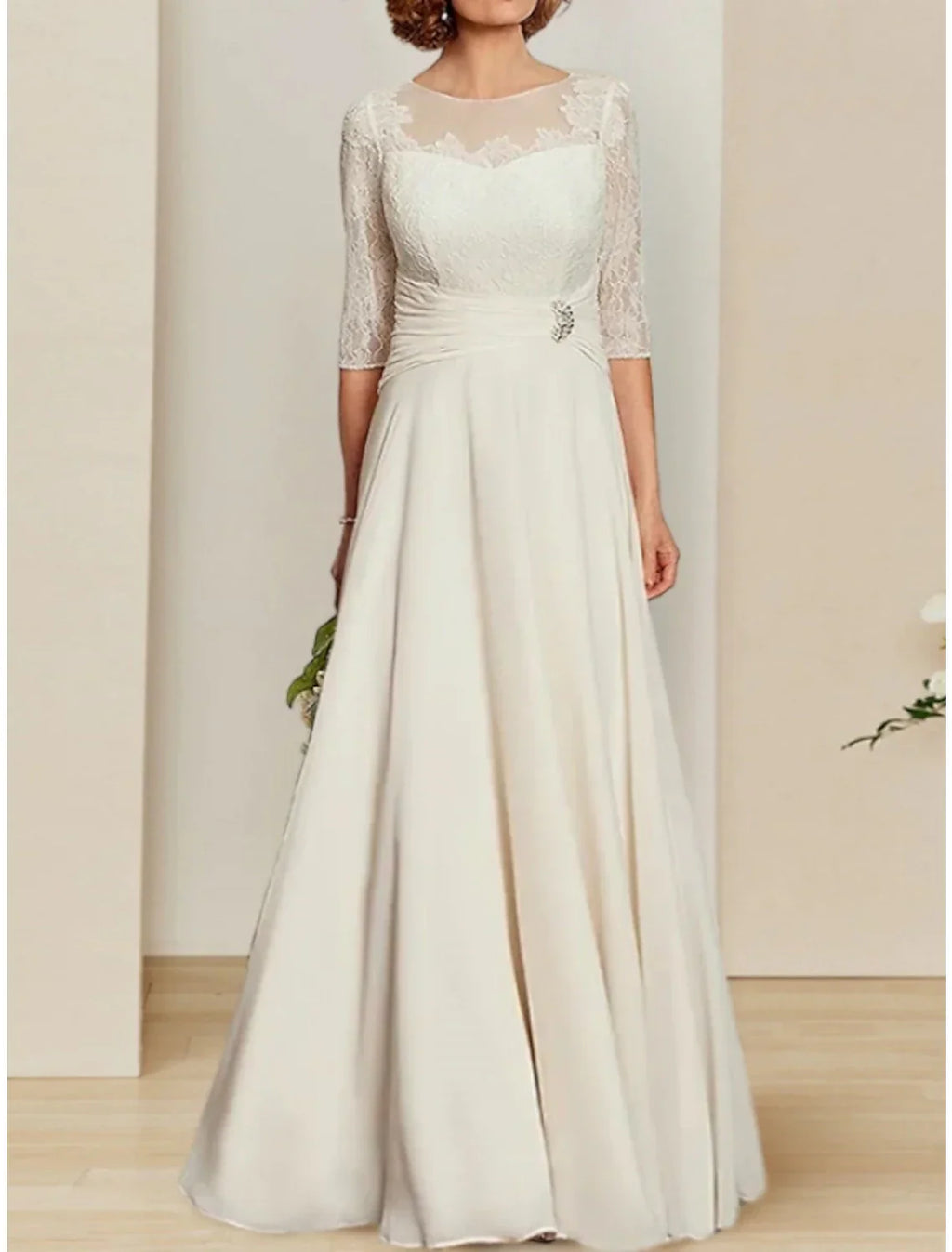 Mother Of The Bride Dress Elegant Vintage Chiffon Lace Sheath Floor Length With Crystal Brooch