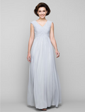 A-Line Mother of the Bride Dress Elegant V Neck Floor Length Chiffon Sleeveless with Cross Beading