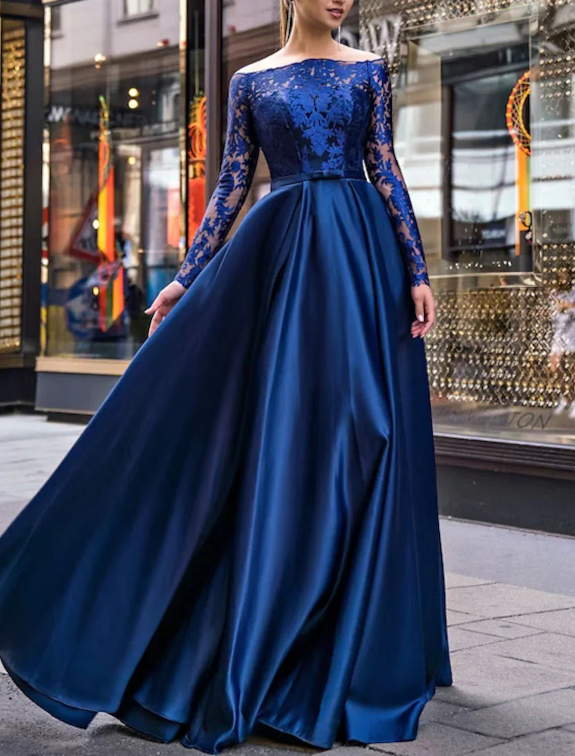 A Line Satin Evening Gown Glamorous For Wedding Guests With Off Shoulder Long Sleeves Belted Sash And Appliques