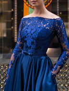 A Line Satin Evening Gown Glamorous For Wedding Guests With Off Shoulder Long Sleeves Belted Sash And Appliques