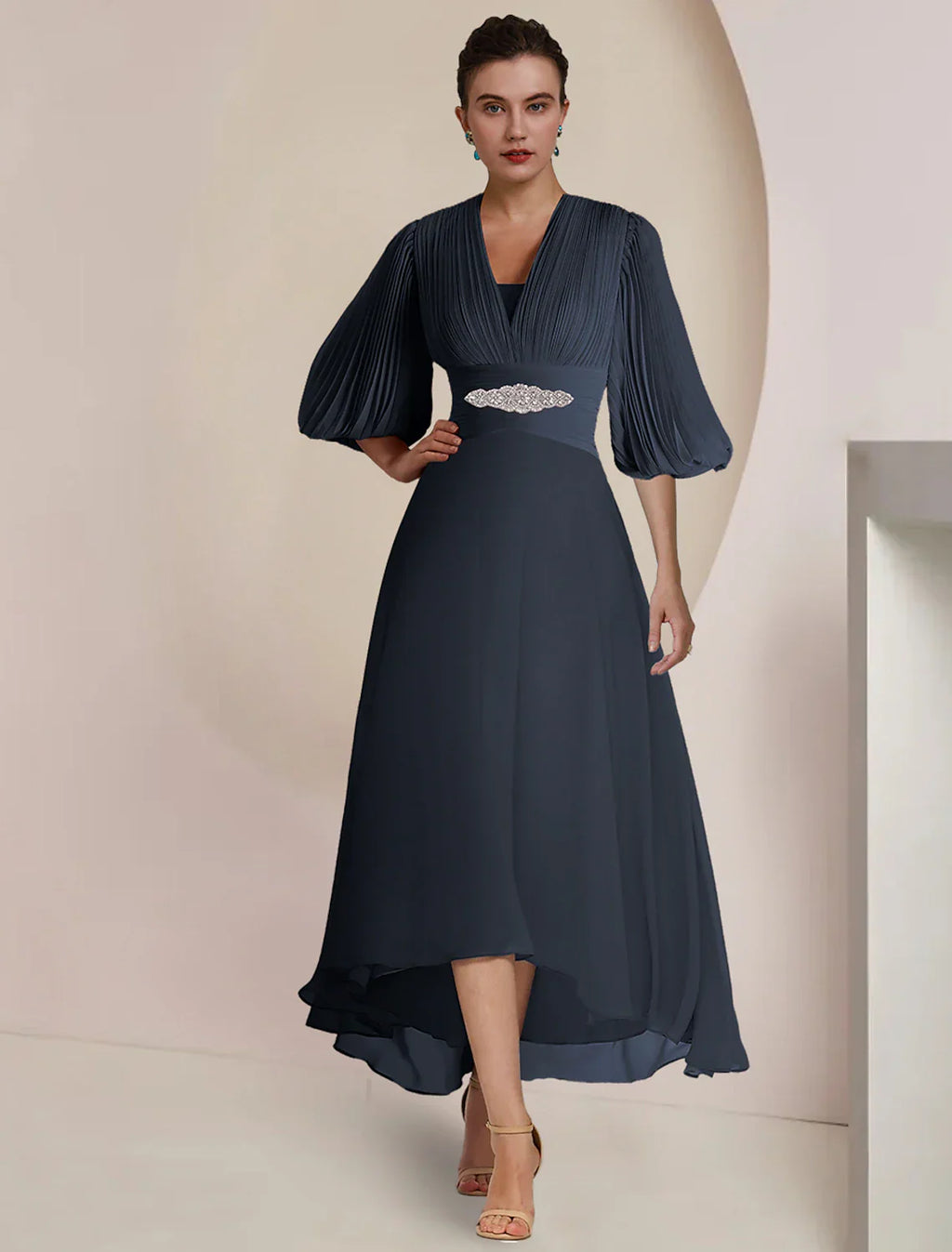 Mother Of The Bride Dress A Line Chiffon Tea Length V Neck Three Quarter Sleeve Pleats Crystals Elegant Vintage