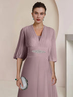 Mother Of The Bride Dress Elegant Tea Length Chiffon V Neck Three Quarter Sleeve Pleats For Moms