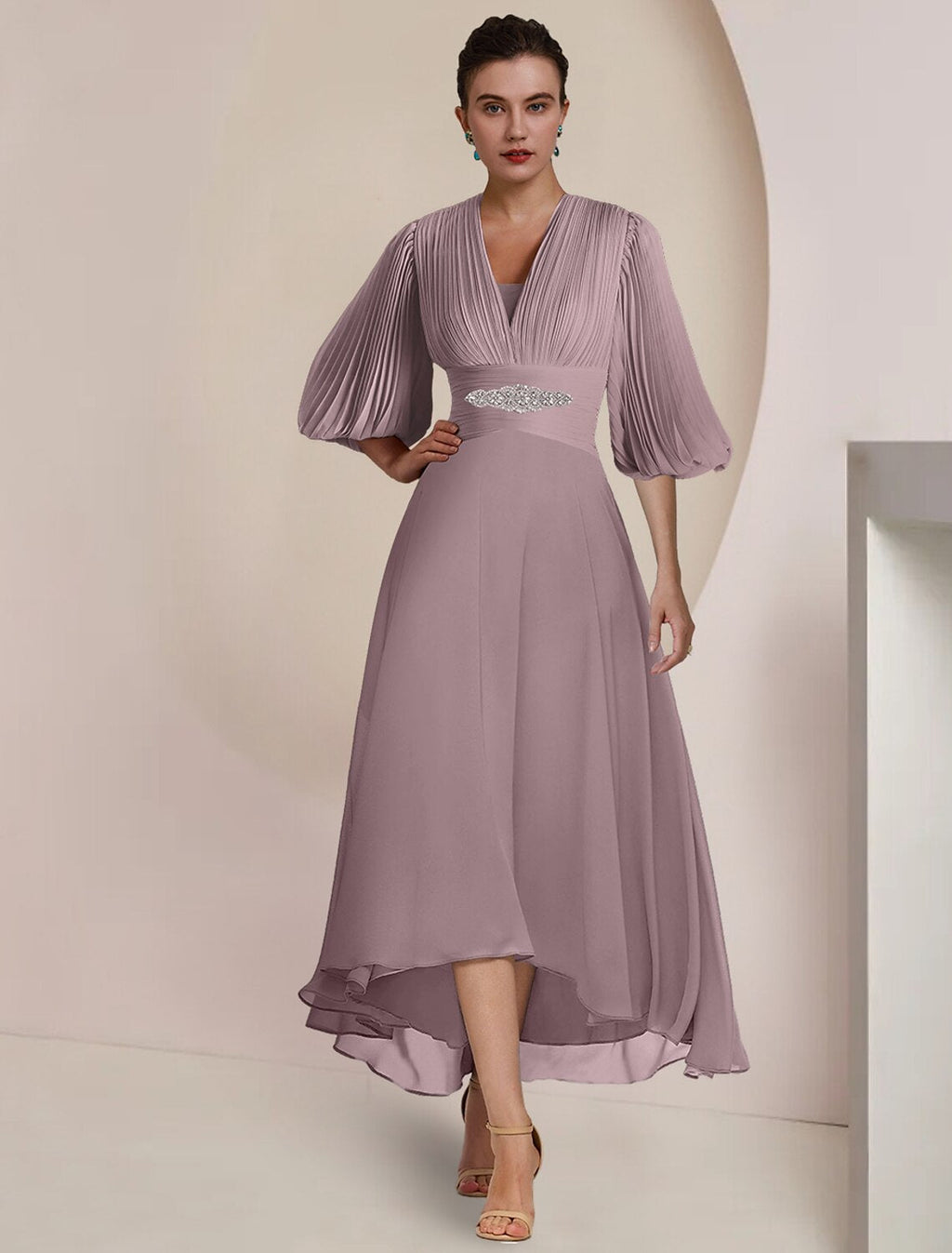 Mother Of The Bride Dress Elegant Tea Length Chiffon V Neck Three Quarter Sleeve Pleats For Moms