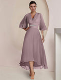 Mother Of The Bride Dress Elegant Tea Length Chiffon V Neck Three Quarter Sleeve Pleats For Moms