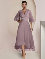 Mother Of The Bride Dress Elegant Tea Length Chiffon V Neck Three Quarter Sleeve Pleats For Moms
