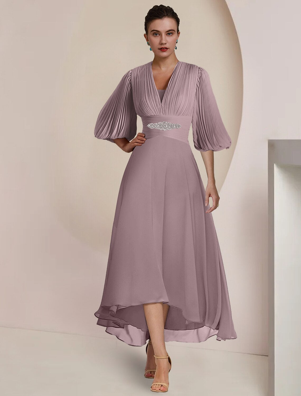 Mother Of The Bride Dress Elegant Tea Length Chiffon V Neck Three Quarter Sleeve Pleats For Moms