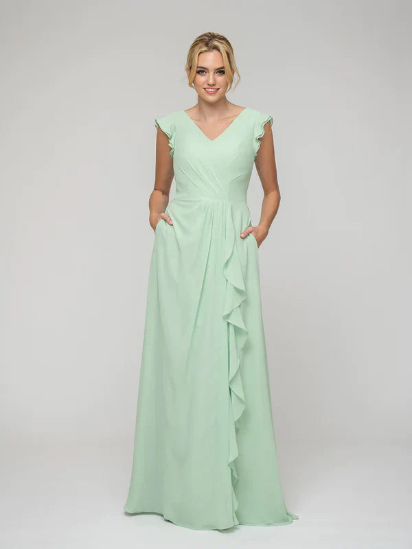 Bridesmaid Dresses V Neck Chiffon Cap Sleeves Long For Gorgeous Elegant Flattering Look For Bridesmaids