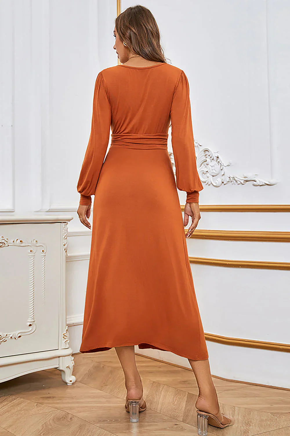Orange A Line V Neck Dress With Long Sleeves And Slit Elegant Holiday Party Evening Dress For Women