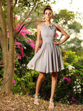 Bridesmaid Dress A Line Princess Scoop Chiffon Sleeveless Short Handmade Flower Embellishment For Bridal Party