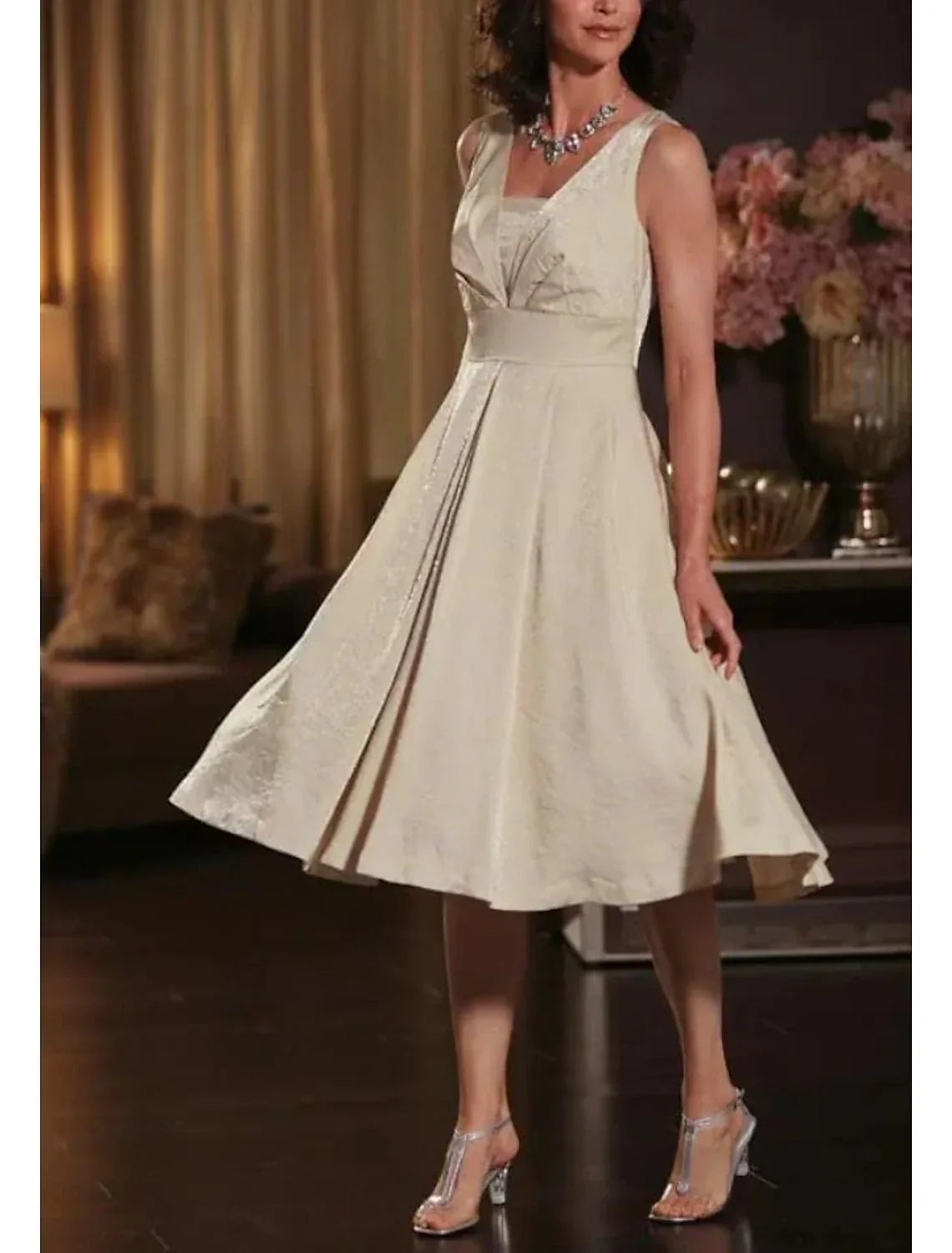 Plus Size Mother Of The Bride Elegant Two Piece A Line Dress Set With Jacket Tea Length Crystal Brooch Wedding Guest