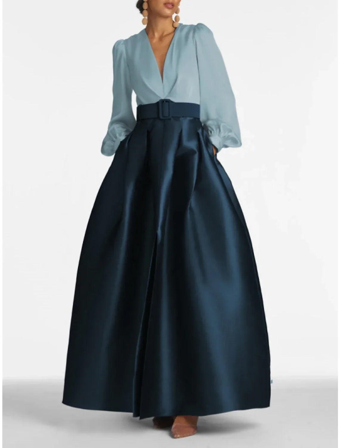 Elegant Aline Satin Evening Gown With Pockets Long Sleeve High Split For Wedding Guests Navy