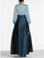 Elegant Aline Satin Evening Gown With Pockets Long Sleeve High Split For Wedding Guests Navy