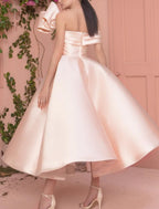 A-Line Minimalist Elegant Engagement Prom Valentine's Day Dress Off Shoulder Short Sleeve Ankle Length Satin with Sleek
