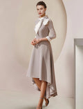 Mother Of The Bride Dress Satin A Line With High Neck Asymmetrical Tea Length Three Quarter Sleeve Crystal Bow Brooch