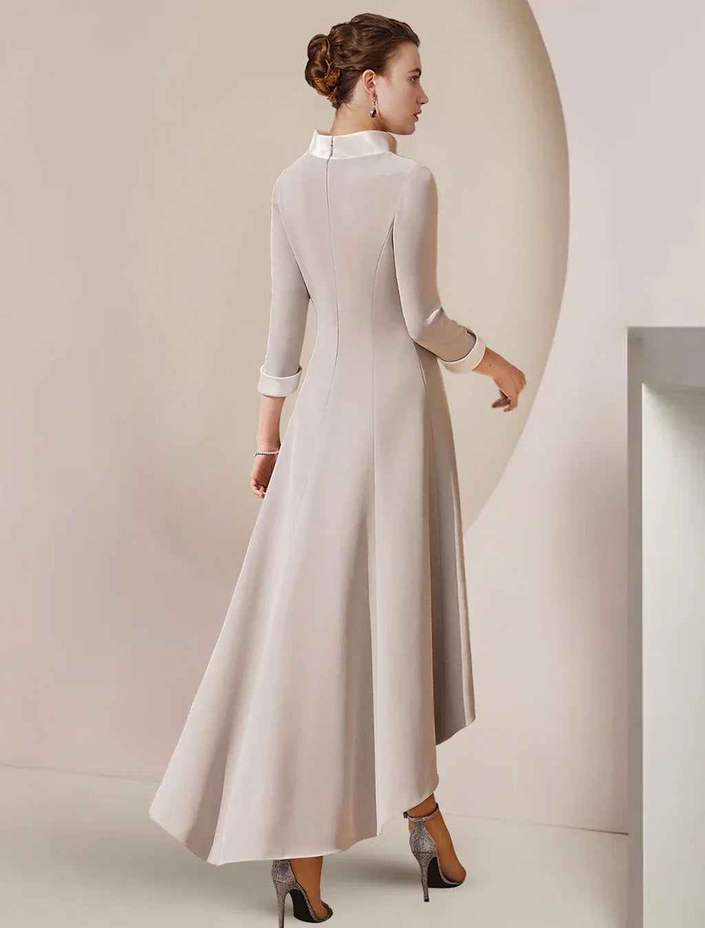 Mother Of The Bride Dress Satin A Line With High Neck Asymmetrical Tea Length Three Quarter Sleeve Crystal Bow Brooch