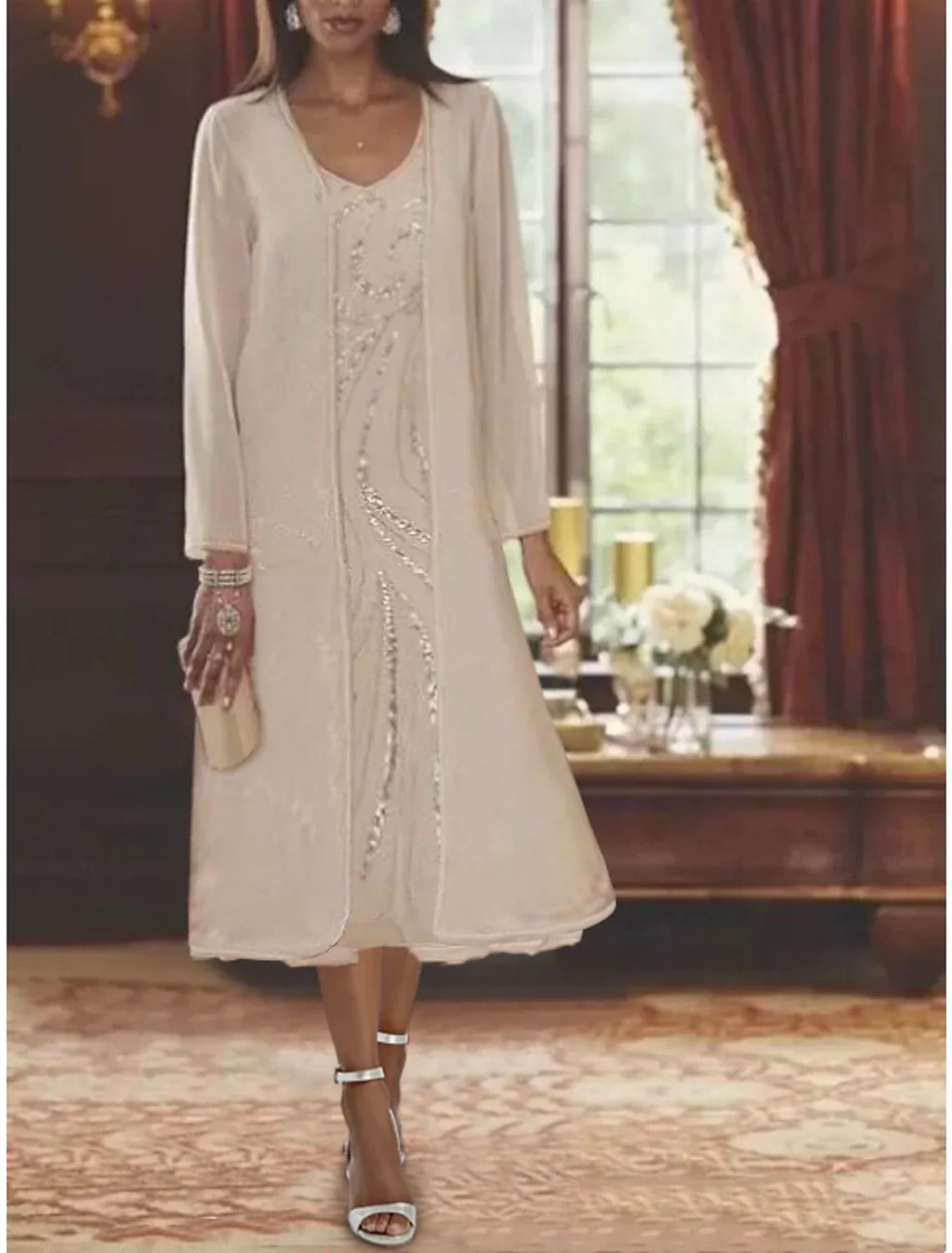 Mother Of The Bride Two Piece Elegant Dress Tea Length Chiffon Sequin Beaded Jacket Set For Fall Wedding