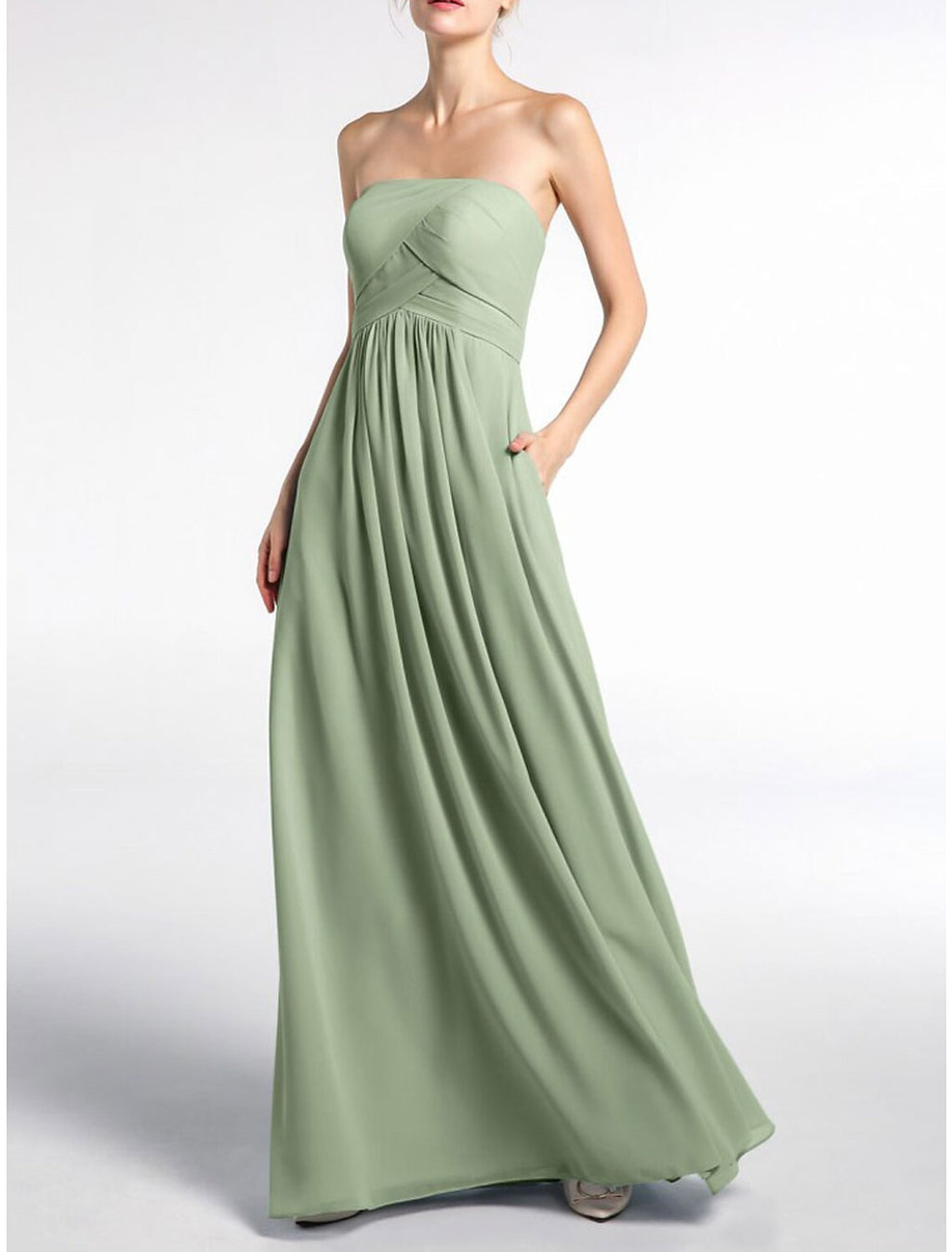 Elegant A Line Bridesmaid Dress V Neck Sleeveless Floor Length Chiffon With Pleats And Ruched Details For Bridesmaids
