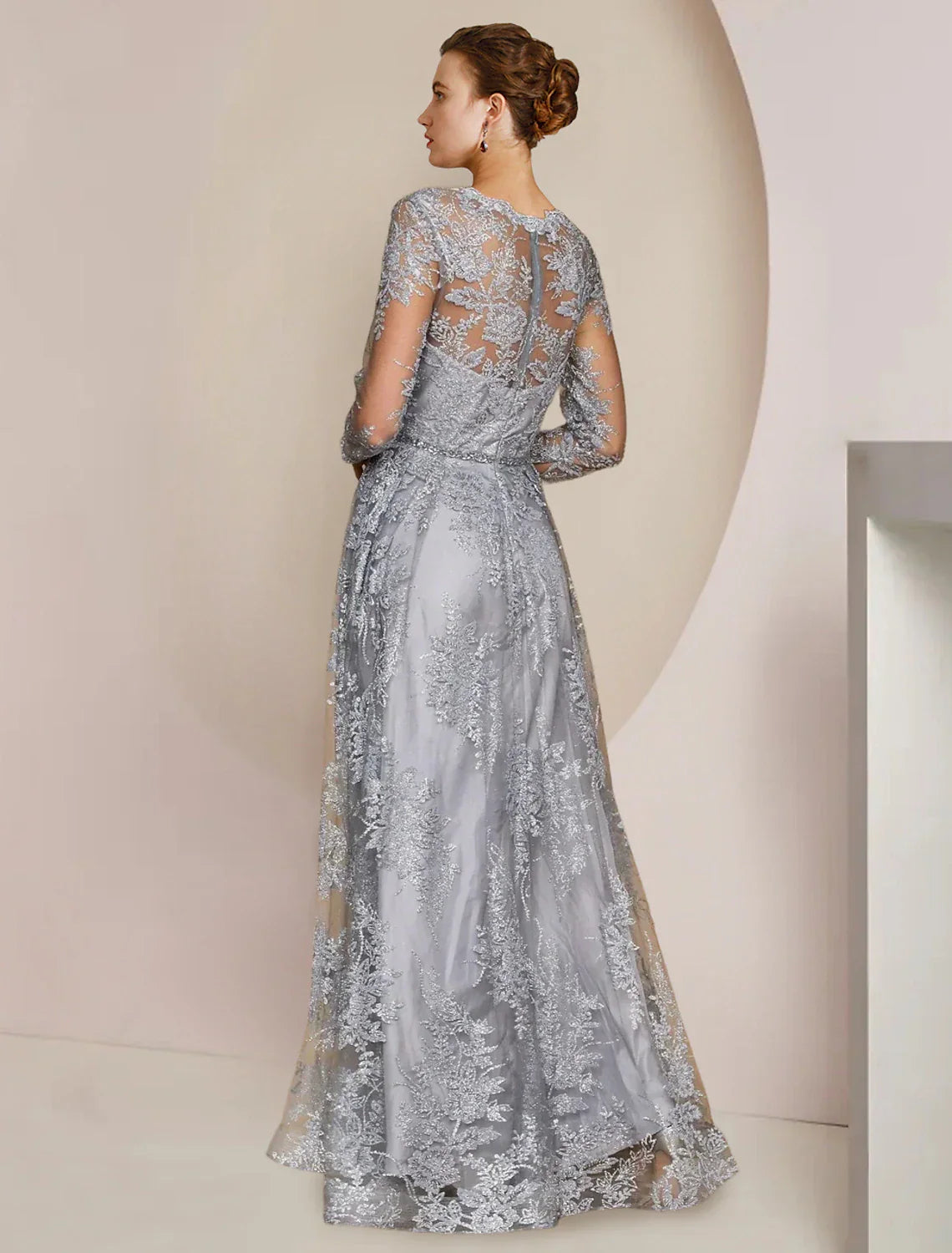 Mother of the Bride Dress Aline Elegant Lace Gown with V Neck Long Sleeves Floor Length